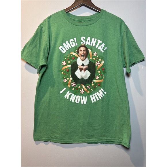 Santa OMG I Know Him Shirt XL Shirt Mens Green Parody Christmas Will Ferrel EUC - Picture 1 of 5
